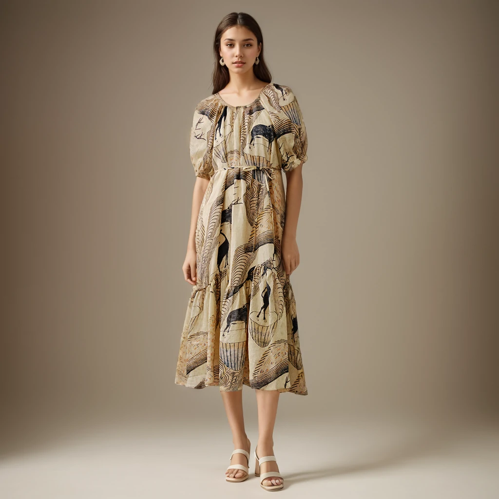 Robe Ramie Style vacances imprimé manches cinq-quarts amples- SOIE PLUS