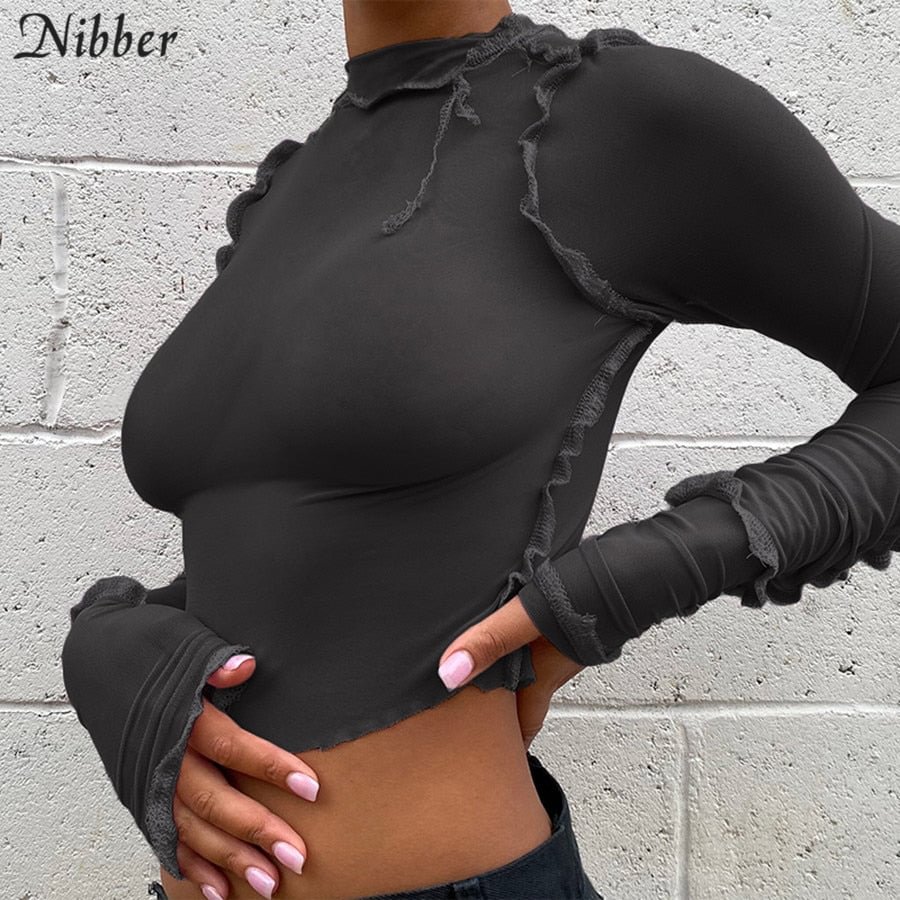 Nibber Chic Sexy See Through Mesh Tops Woman Club Wear fashionable Patchwork Ruffles T-Shirt Autumn Turtleneck Neon Crop Top Tee