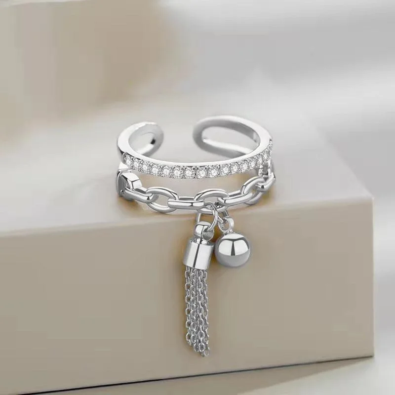 Adjustable Metal Set White Zircon Rings Women's Chain Fringe Ring