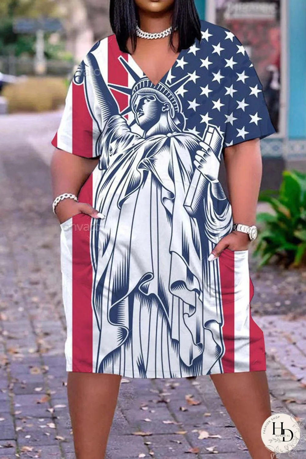 White Blue Red Casual Print Patchwork V Neck Dresses