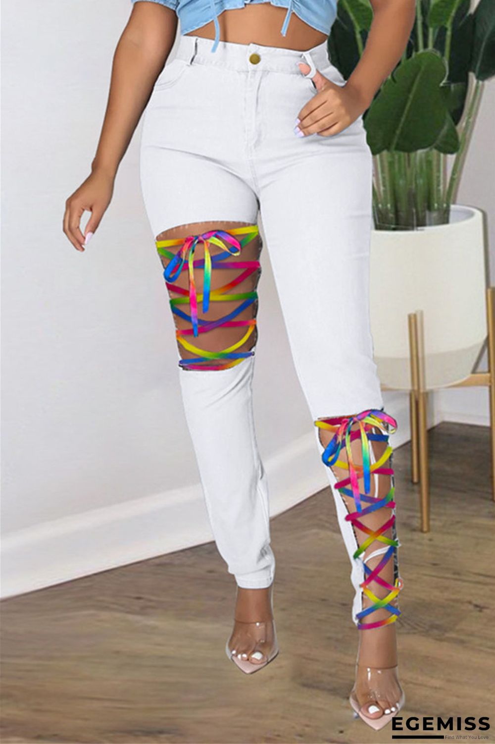 White Fashion Casual Solid Bandage Hollowed Out Plus Size Jeans | EGEMISS