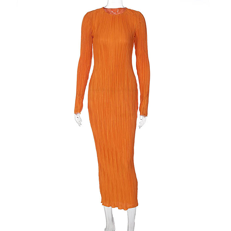 Ootddress Fashion Long Sleeve Loose Dress For Women Ribbed Casual Elegant Slim High Waist Streetwear Solid Ruffled Ladies Dress 2025