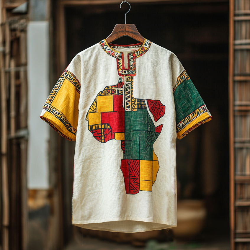 Men's Vintage African Map Art Geometry Art Linen Shirt
