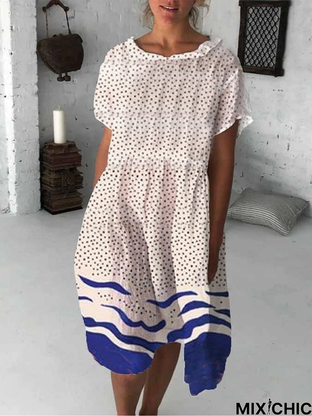 New Women Chic Plus Size Vintage Boho Dots Casual Short Sleeve Weaving Dress