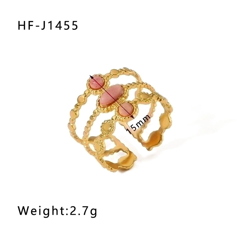 Stainless Steel 18K Gold Plated Basic Vintage Style Plating Inlay Round Natural Stone Open Rings