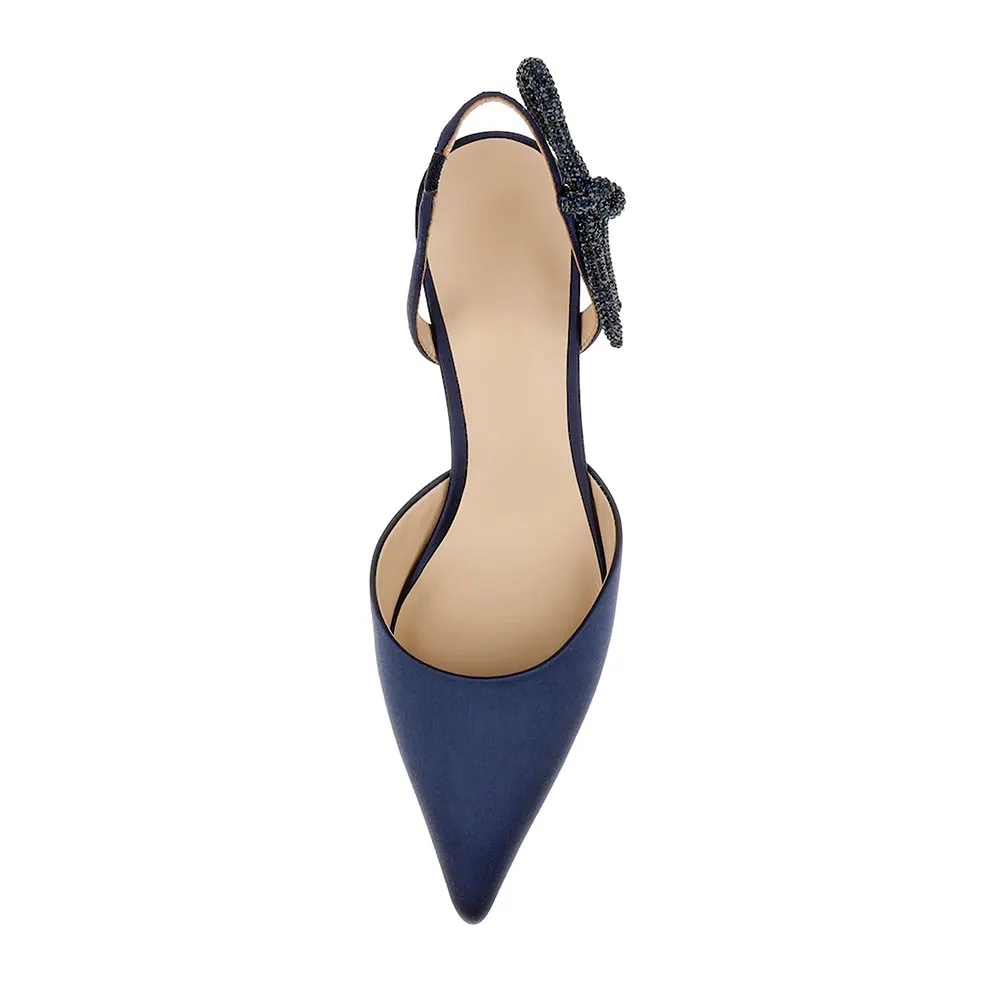 Navy Satin Slingback Low Heel Pumps with Crystal Draped Bow