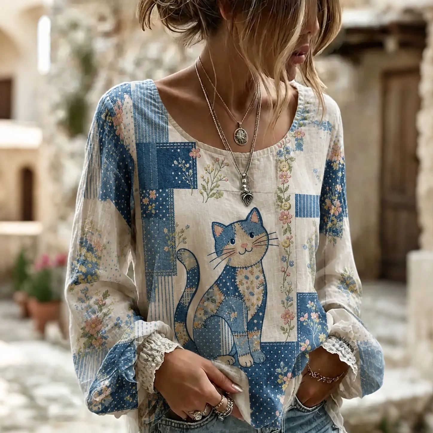 Comstylish Women's Floral And Cat Color Blocking Art Linen Blend Flowy Long Sleeve T-shirt