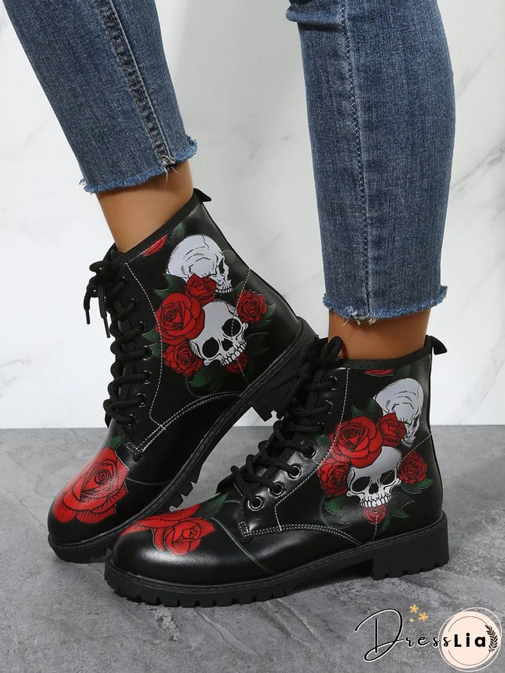 Women Floral Street All Season Printing Holiday Low Heel Round Toe Pu Classic Boots Boots