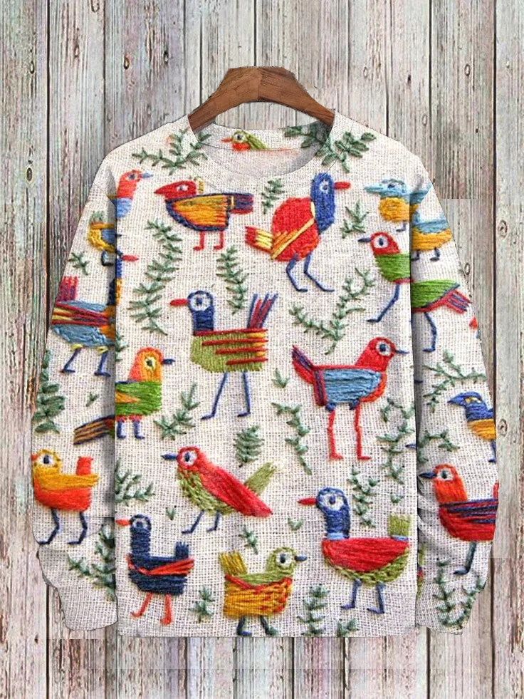 Men's Colorful Birds Embroidery Art Pattern Print Sweatshirt