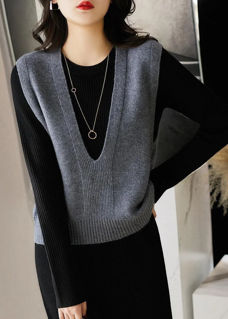Simple Dark Gray V Neck Patchwork Knit Waistcoat Sleeveless