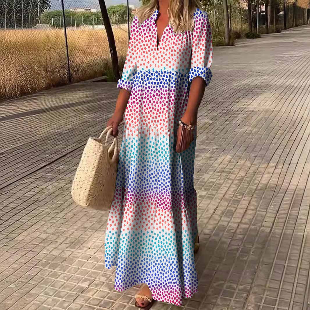 Women Polka-Dot,Red,Purple DZDN0316 SPU Printed Long Sleeve V-neck Maxi Dress