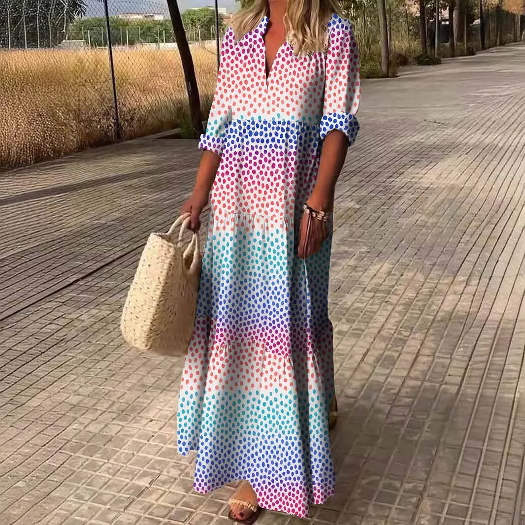 Women Polka-Dot,Red,Purple DZDN0316 SPU Printed Long Sleeve V-neck Maxi Dress