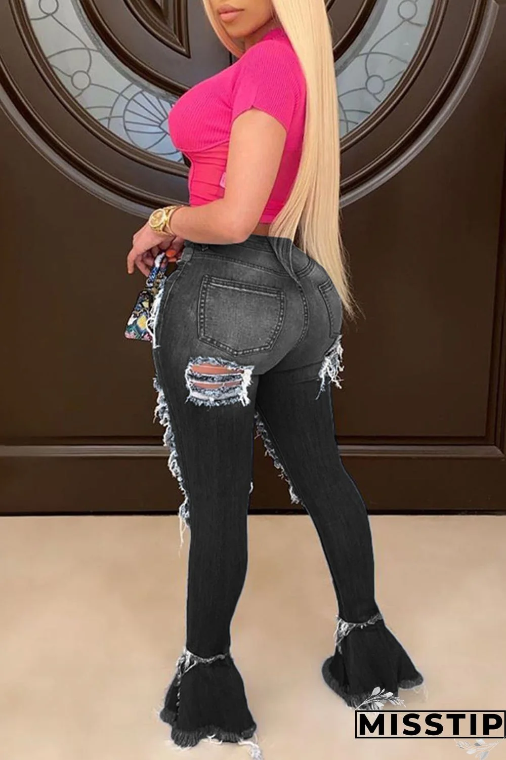 Dark Blue Fashion Casual Solid Ripped High Waist Boot Cut Denim Jeans