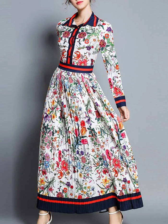 Women's new retro hit color print pleated long dress