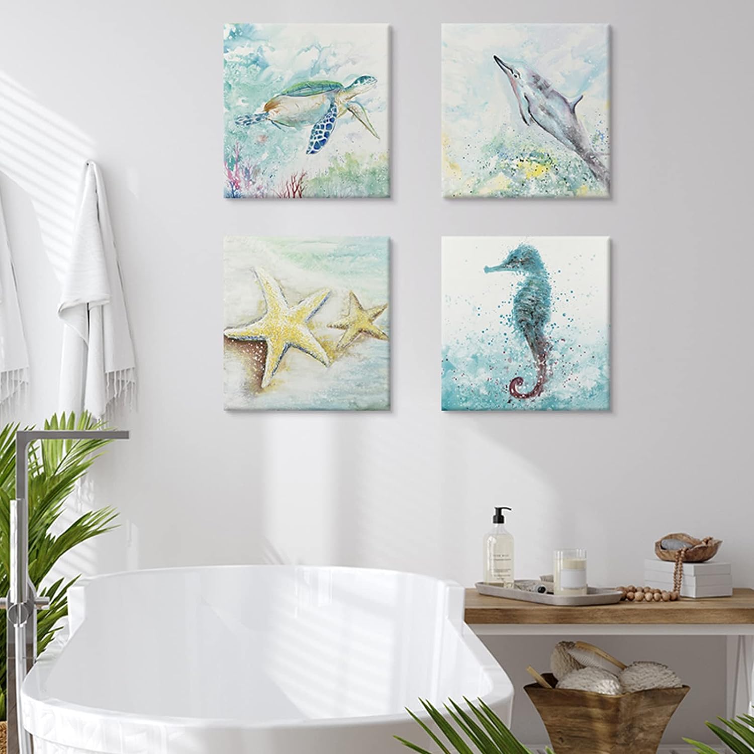 SEVEN WALL ARTS Sea Animal Canvas Wall Art Ocean Theme 4 Panel Sea Turtle Bathroom Wall Dcor Watercolor Teal Blue Nautical Painting Seahorse Dolphin Starfish Framed Coastal Artwork for Bedroom Living Room Office Kitchen Room Decor Sea Animal