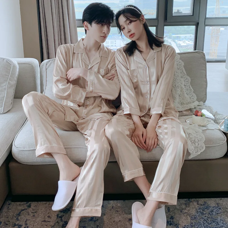 Stolskolb Short-sleeved Shorts Ice Silk Pajamas Men and Silk Satin Pajamas Set Long Sleeved Sleep Women Sleepwear Pijamas Couple Pajamas