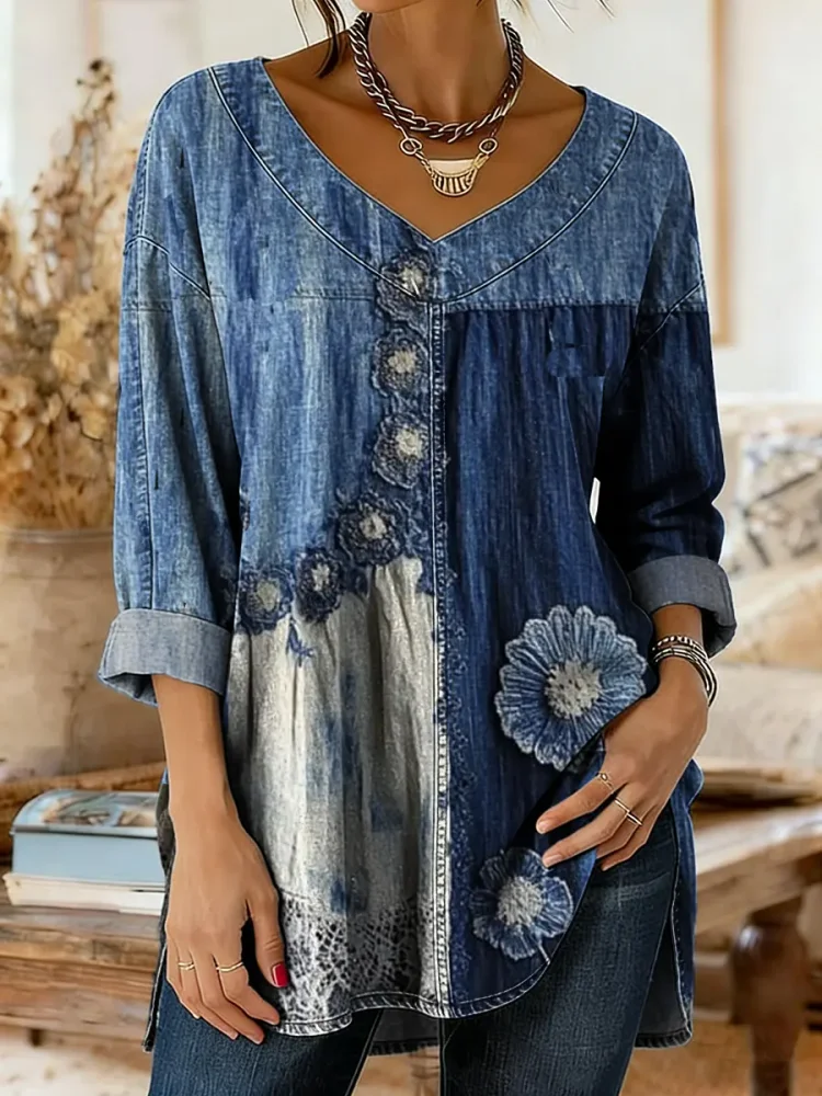 Women's Denim-washed Floral Patchwork Art Print Casual Cotton Top