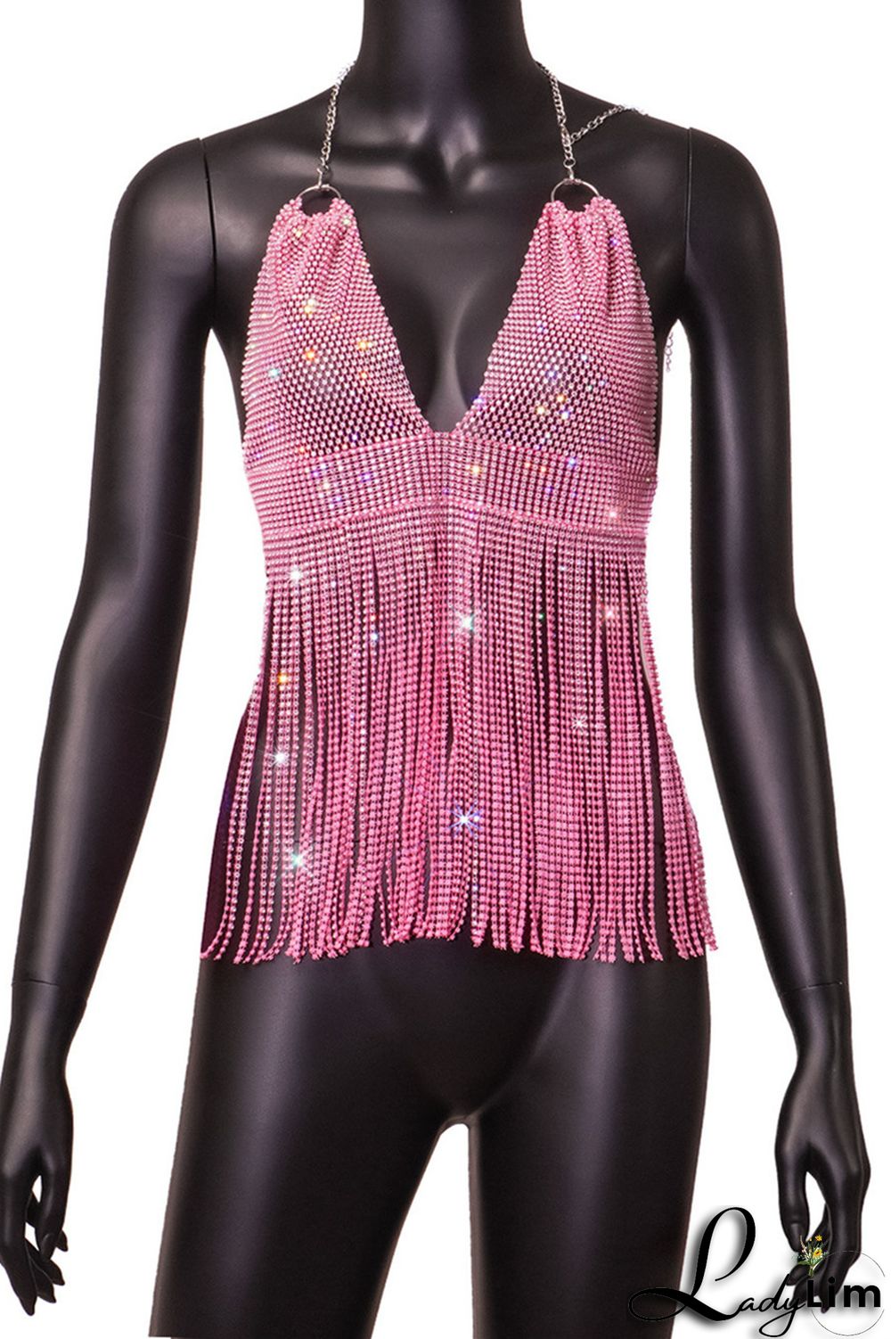 Pink Fashion Sexy Patchwork Tassel Backless Halter Tops