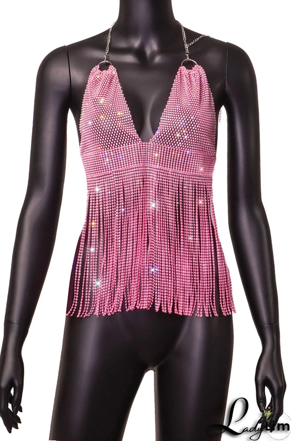 Pink Fashion Sexy Patchwork Tassel Backless Halter Tops