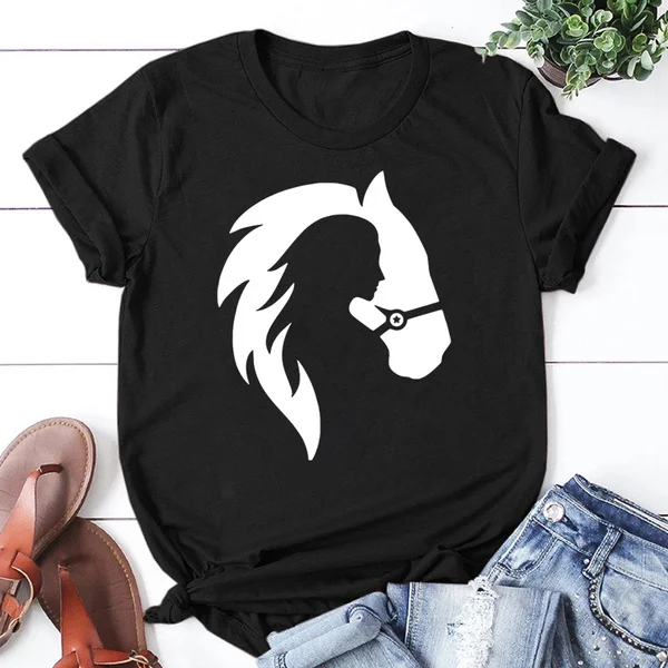 Cute Horse Head Print T Shirts For Women&Girls Casual Round Neck Tees Top Summer Women`s Loose Fit T-shirt