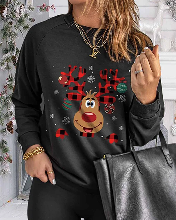 Christmas Plaid Cartoon Elk Print Sweatshirt-