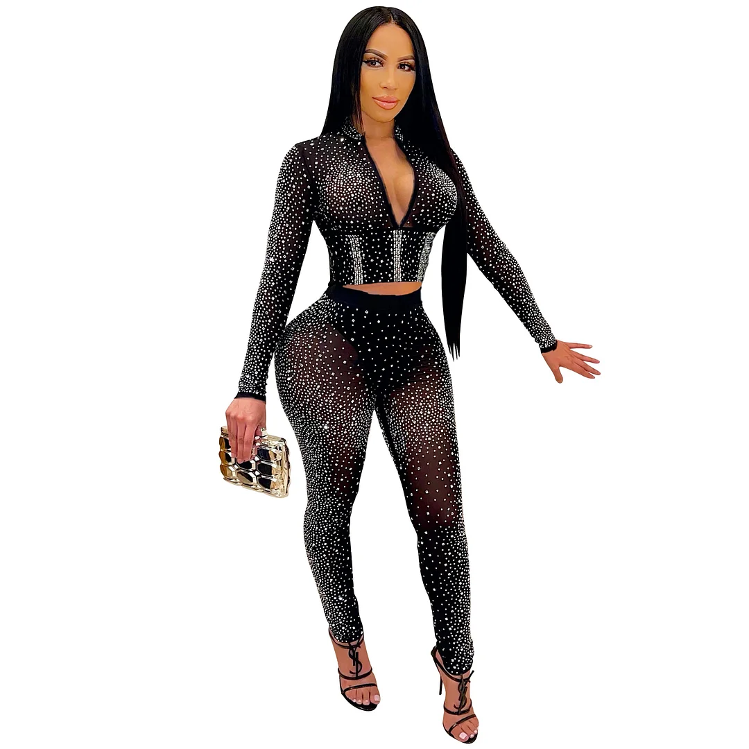 Ueong Fashion New Nightclub Hot Drill V Neck Long Sleeves Trousers Women's Two-Piece Set