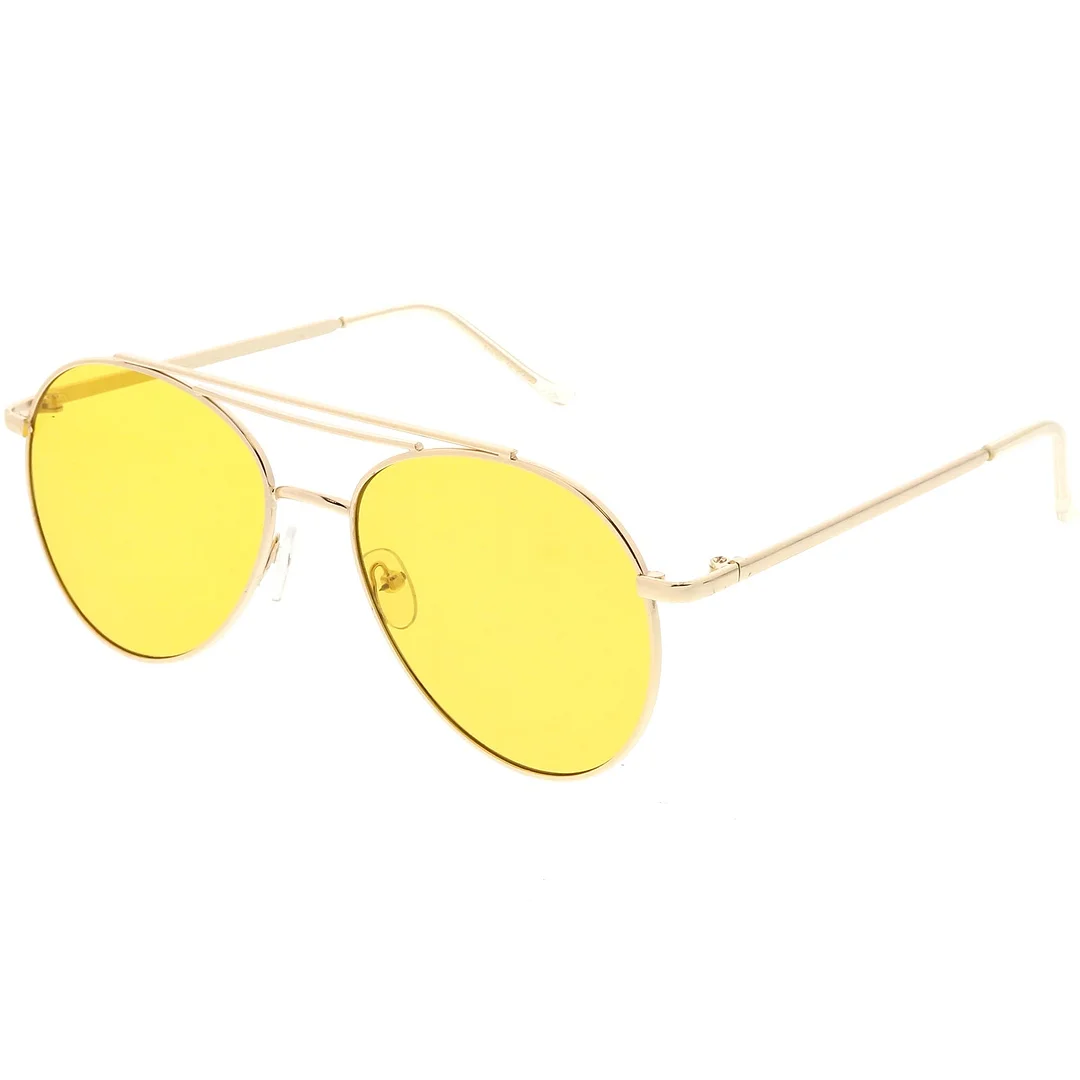 Premium Aviator glasses Double Crossbar Slim Metal Arms Round Flat Lens 55mm