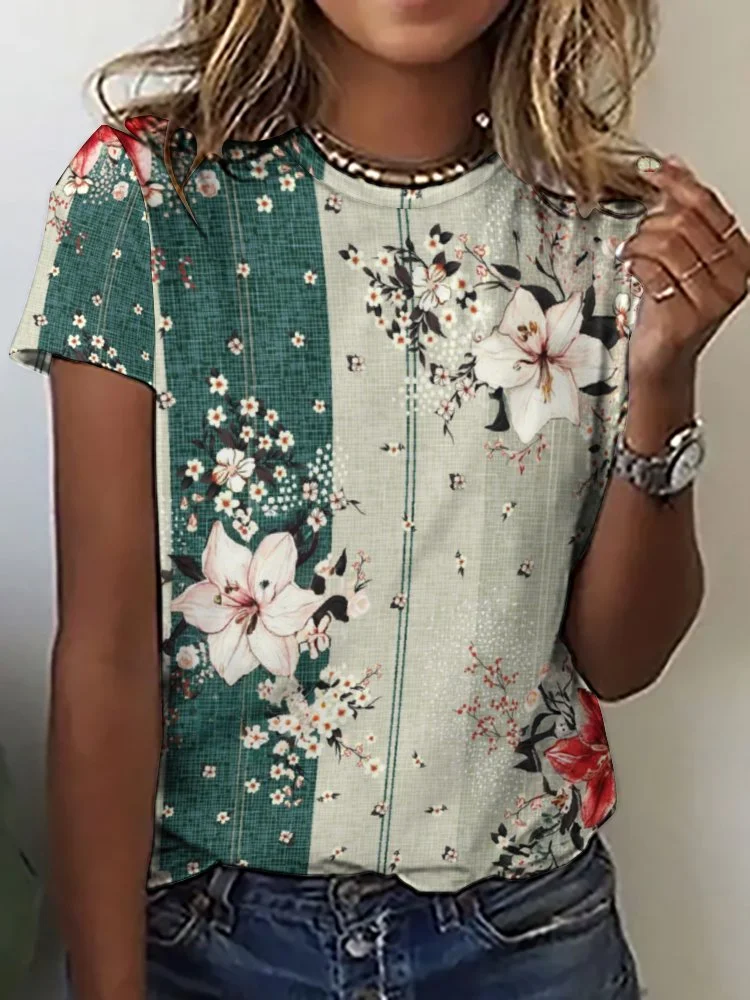 Printed Short Sleeve Casual T-shirt for  Women and Men Unisex Pattern Floral,Pink,Green,Stitch