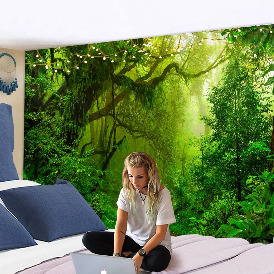 Green Bamboo Forest Nature Tapestry Design Wood Grain Tapestry Forest Wall Hanging  Living Room Decoration Home Decor Tree Wall