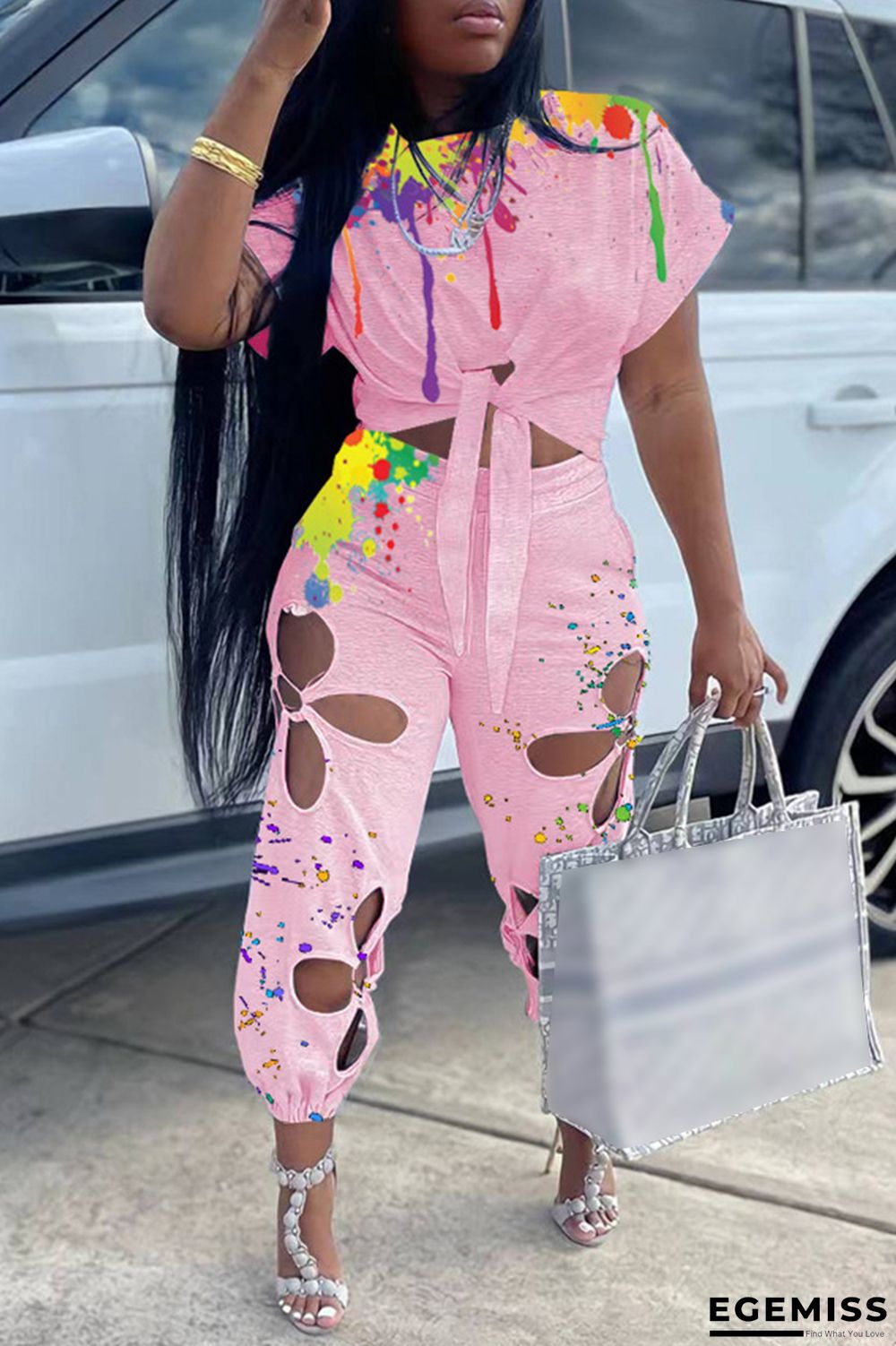 Pink Fashion Casual Print Bandage Hollowed Out O Neck Short Sleeve Two Pieces | EGEMISS