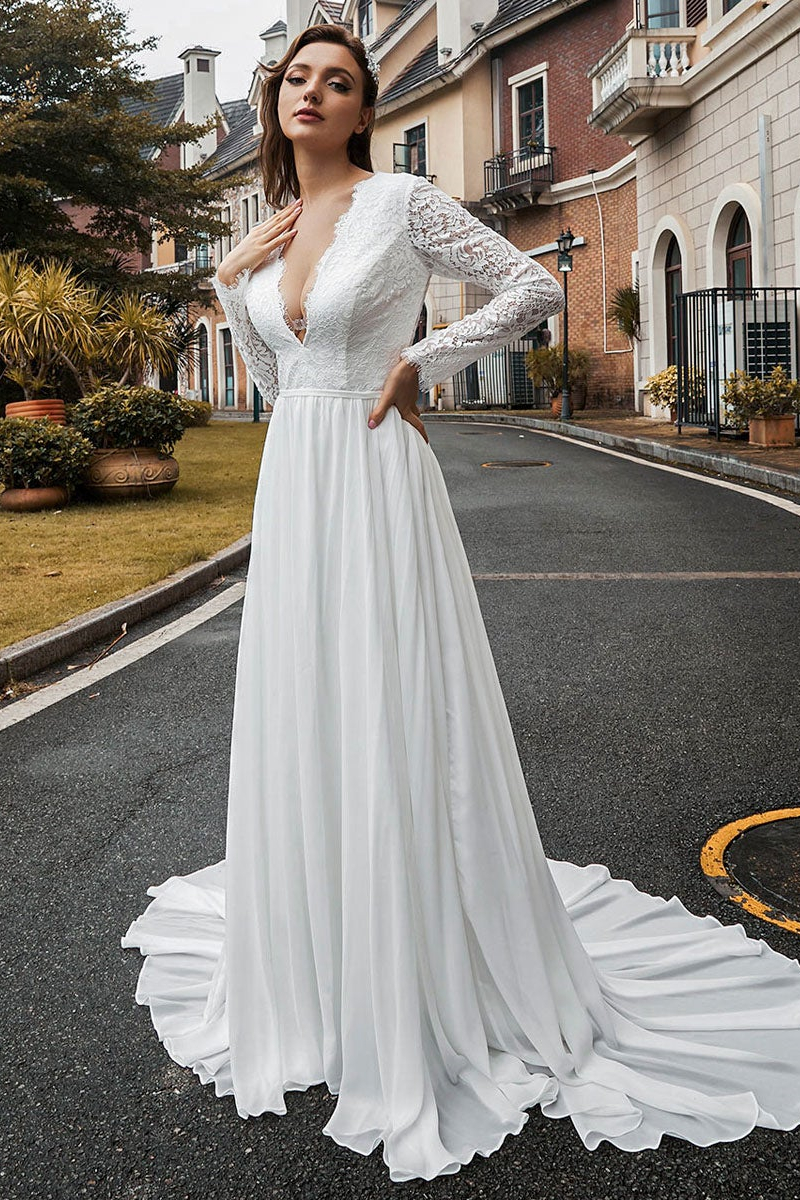 Oknass Long Sleeves Lace Chiffon Wedding Dress
