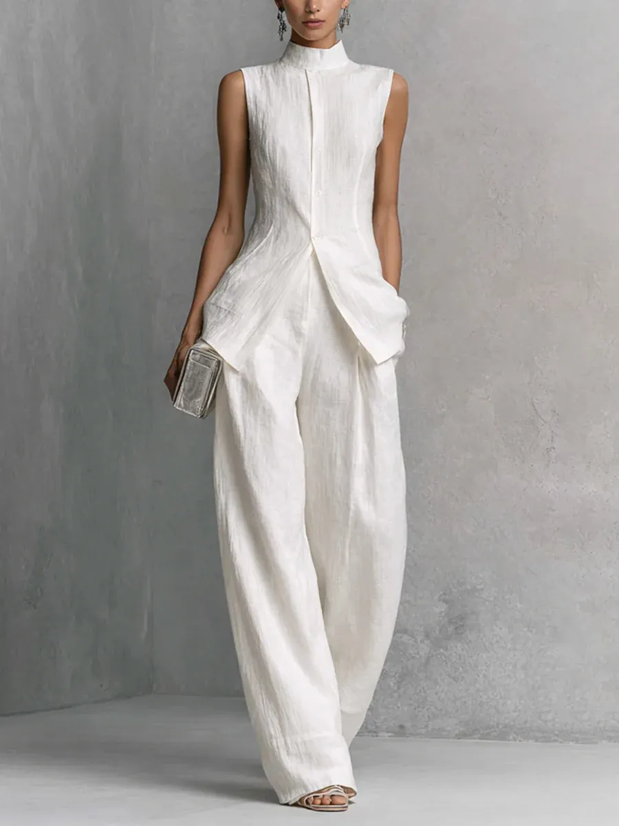 Women Sleeveless Stand Collar Linen 2 Piece Outfit