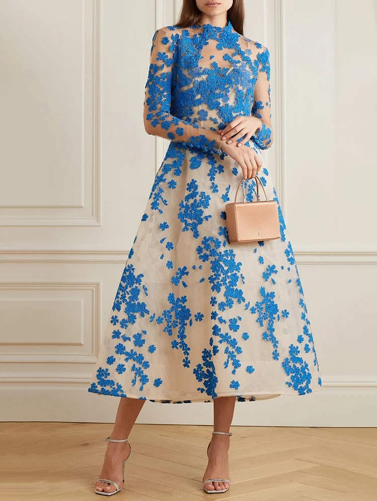 Elegant Long Sleeve Cinch Waist Floral Appliques Midi Dress