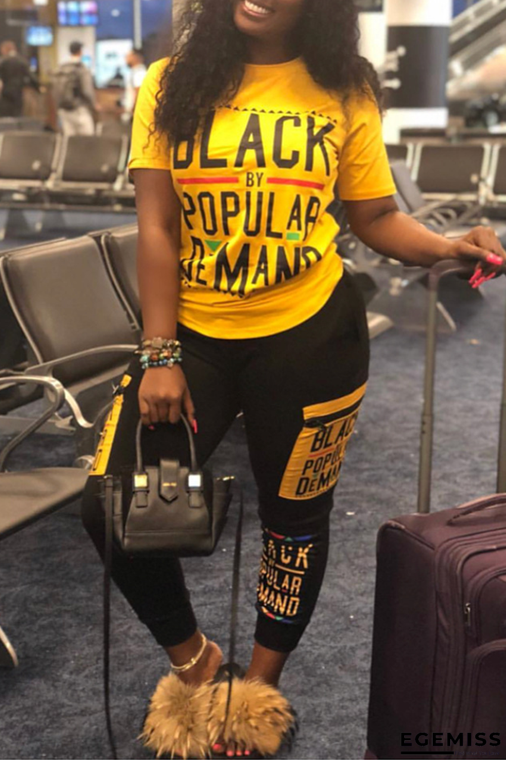 Yellow Casual Print Patchwork O Neck Short Sleeve Two Pieces | EGEMISS