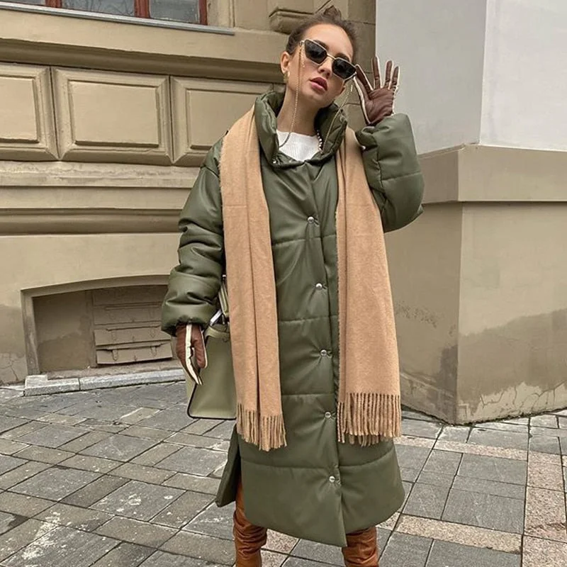 Winter Khaki Windproof Parkas Women Fashion Casual PU Leather Coats Women Elegant Long Cotton Jackets Female Ladies HZ