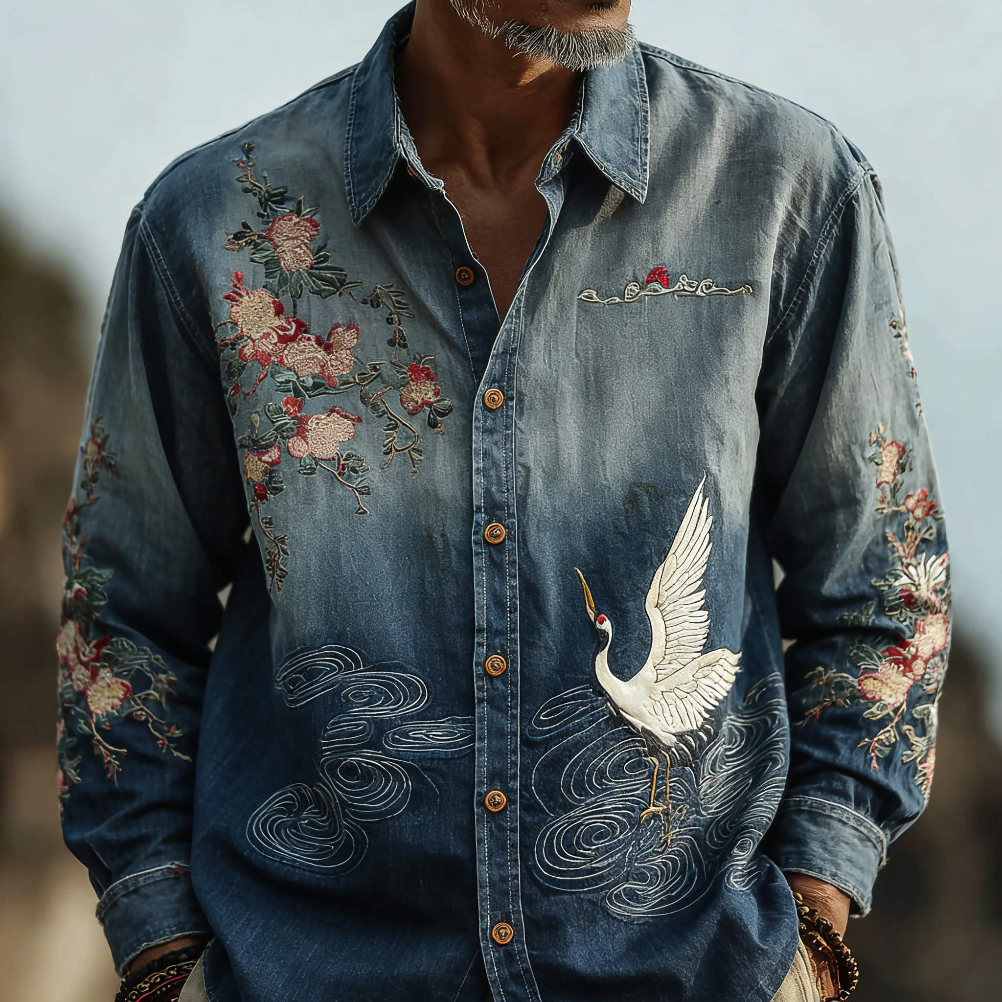 Men's Retro Japanese Cherry Blossom And Crane Art Linen Blend Shirt  artssus