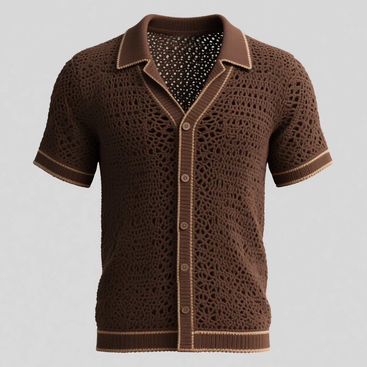 Men's Crochet Knit Hollow Out Stripe Button Short Sleeve Shirt