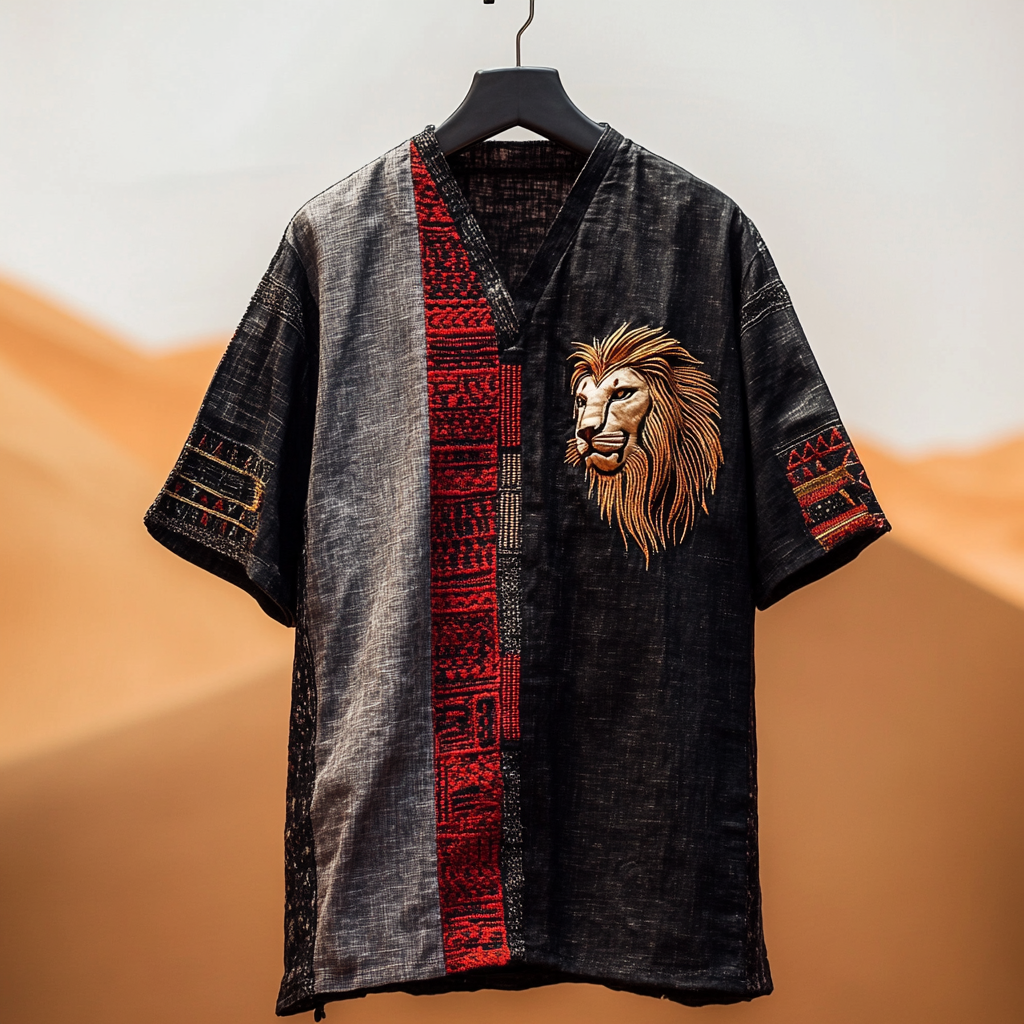 Men's African Ethnic Patchwork Lion Art V-neck Linen Blend T-shirt