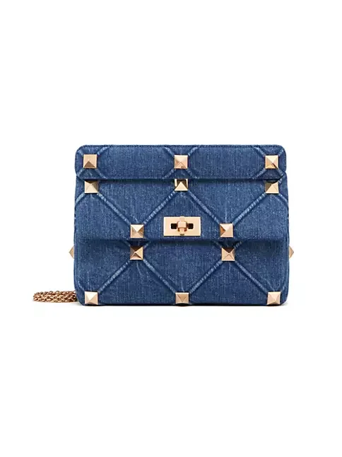 Valentino Garavani Large Roman Stud The Shoulder Bag In Denim With Chain