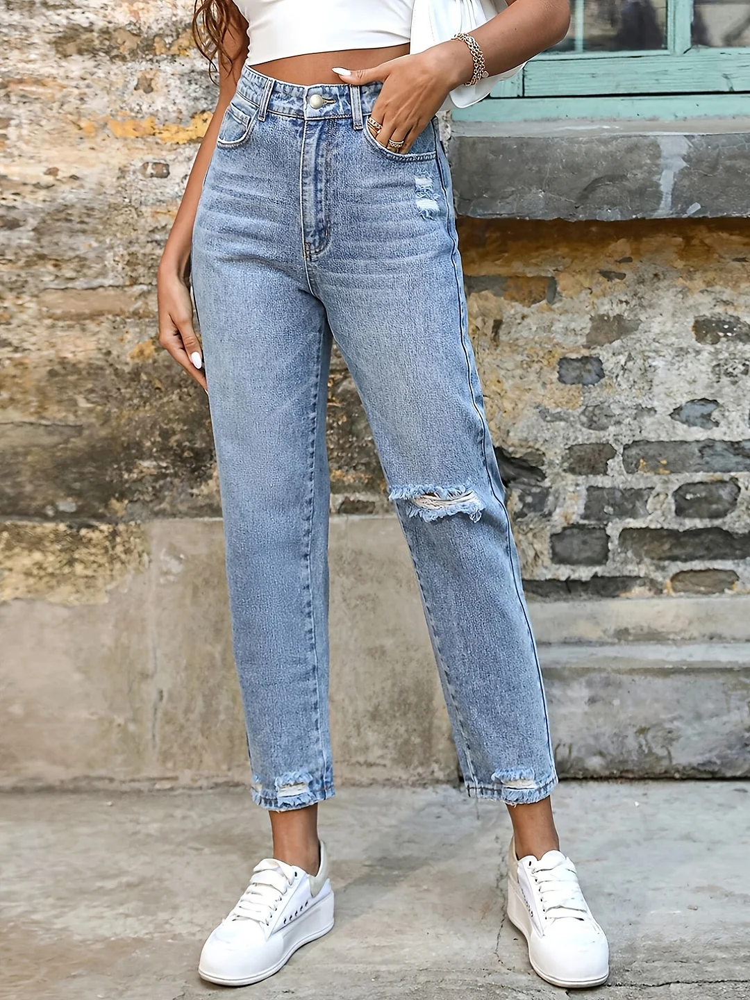 Women's Ripped Denim Skinny Long Jean Pant