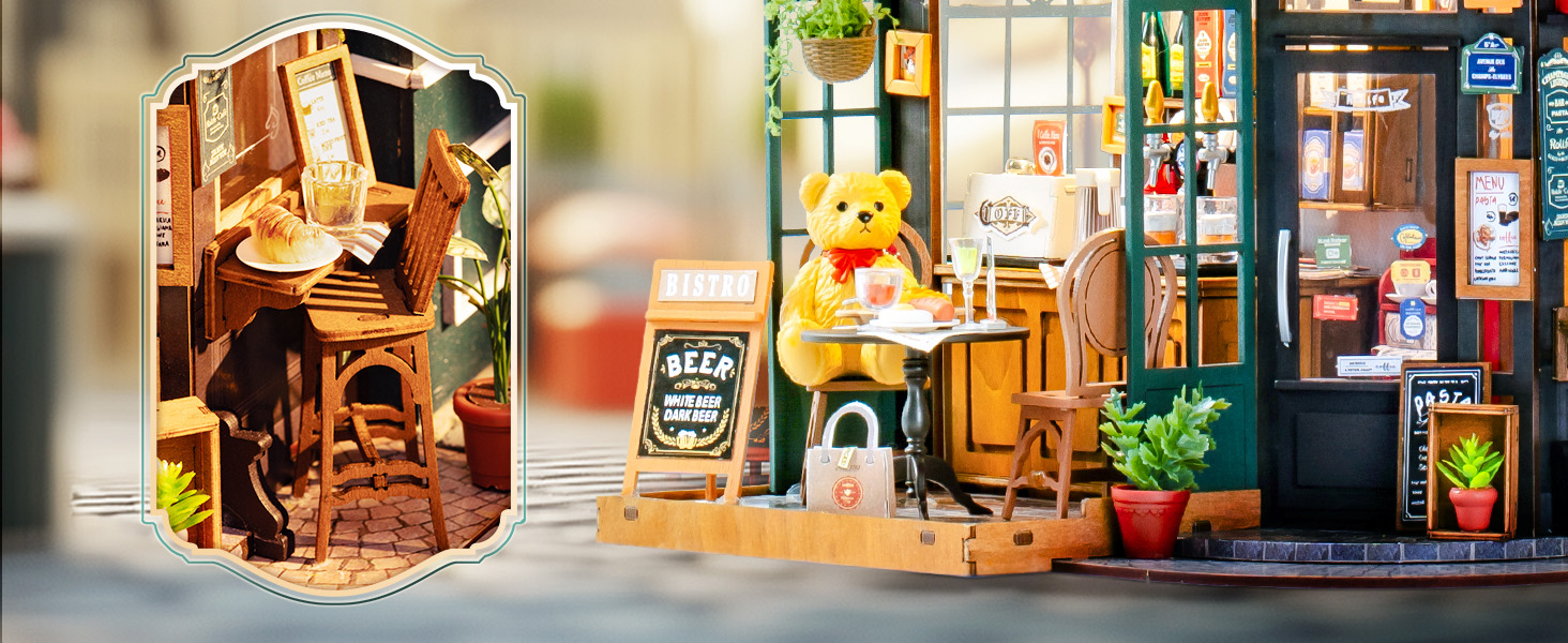 Tegooe 3D Wooden Puzzle Miniature Dollhouse Kit - Bistro Bar with LED Lights