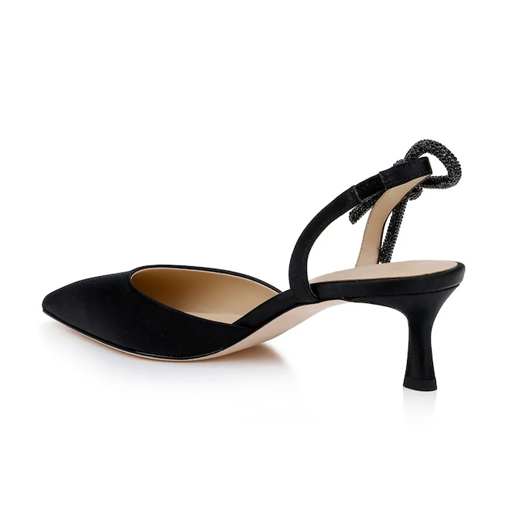 Crystal Draped Bow Kitten Heel Slingback Black Pumps for Women