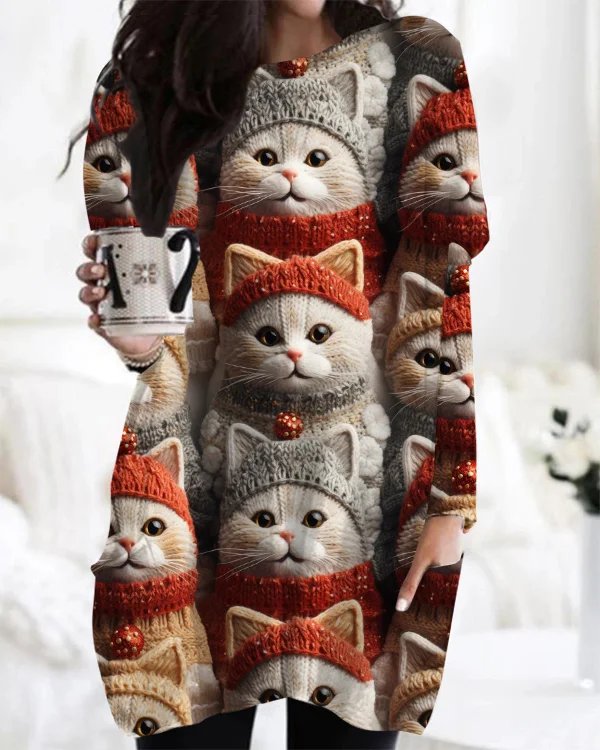 Cute Cat Print Casual Midi Top for Winter