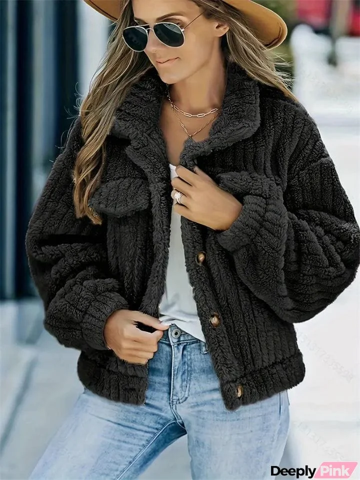 Ladies Lapel Fuzzy Jacket Faux Fur Coat