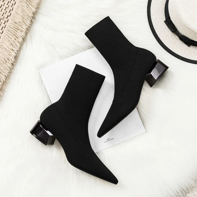 Vstacam Black Friday Women's Dress Pointed Mid-Heeled Short Ankle Boot Female Autumn 2022 Knitted Block Low Heel High Socks Boots Shoes