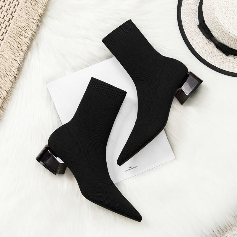Comemore Women's Dress Pointed Mid-heeled Short Ankle Boot Female Autumn 2021 2022 Knitted Block Low Heel High Socks Boots Shoes