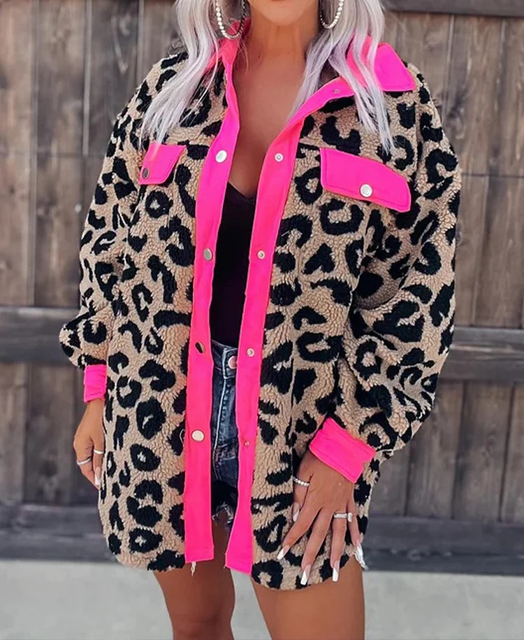 Fashionably Late Leopard Teddy Shacket - Neon Pink