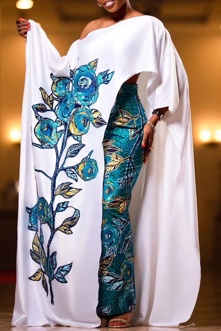 Plus Size Formal White Elegant Floral Oblique Collar 3/4 Sleeve Split Two Piece Skirt Sets [Pre-Order] 2024 - Xpluswear