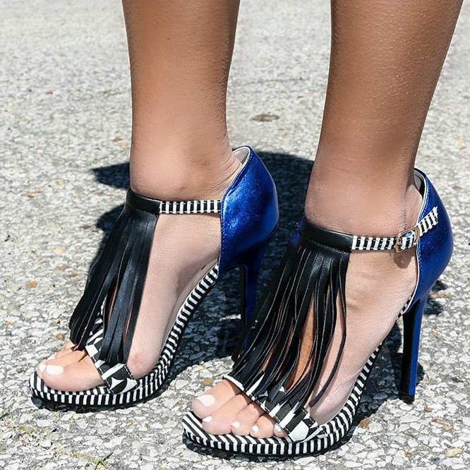Black and Royal Blue Fringe Sandals Open Toe Stiletto Heels |FSJ Shoes