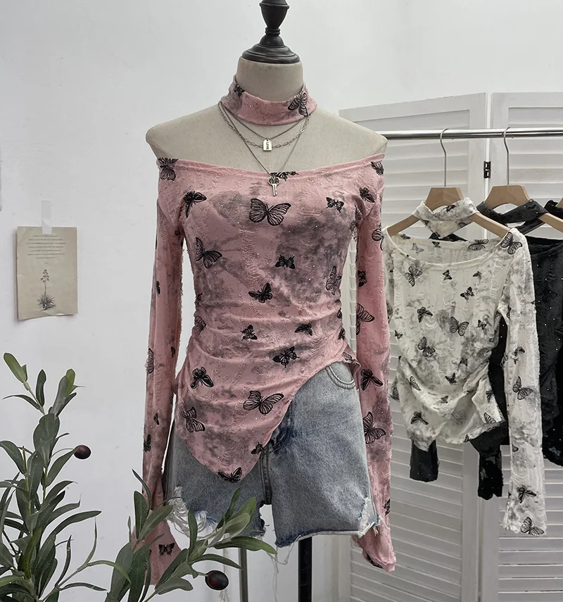Uveng Pink Butterfly Hanging Neck To Make Old Hole Long-Sleeved T-Shirt Hottie Slanted Shoulder Slim Short Blouse 8002
